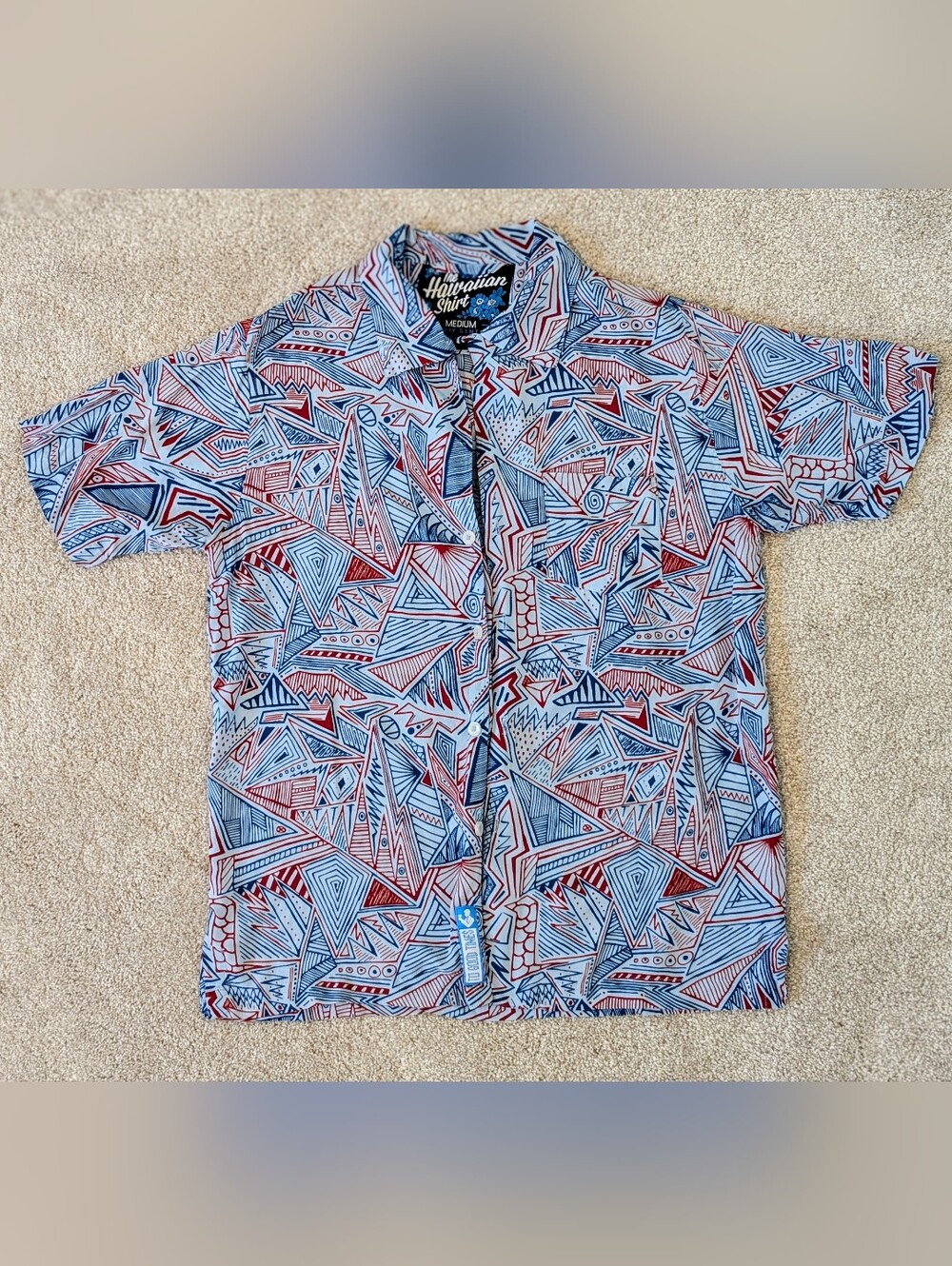 Rowdy Gentleman The Hawaiian Shirt Mens Medium Blue Geometric Abstract Retro EUC